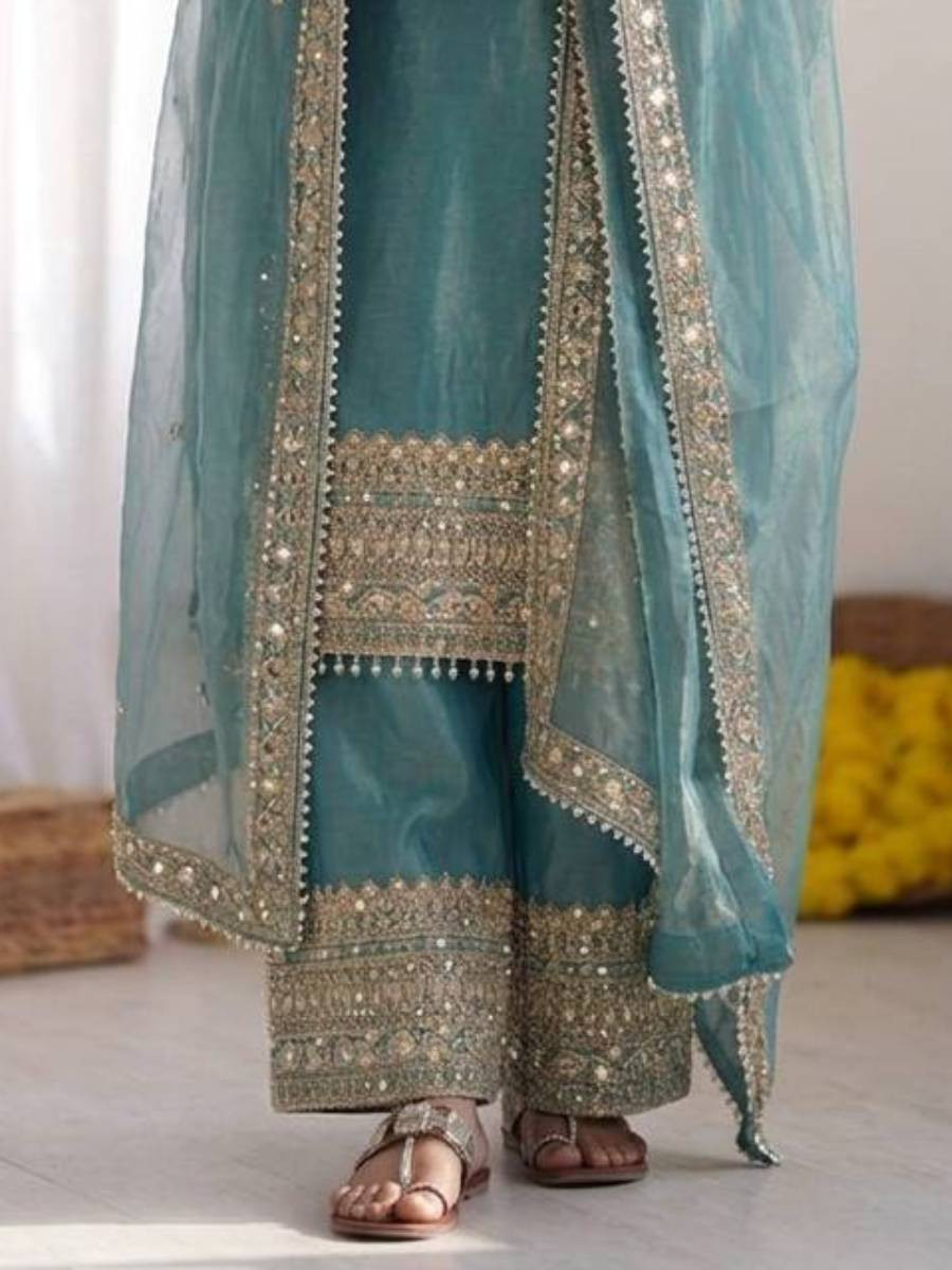 Sky Blue Fendy Silk Embroidery Sequins Zari Wedding Party Festival Casual Ready Palazzo Pant Salwar Kameez