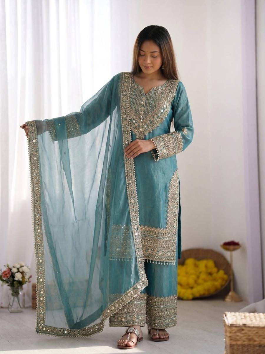 Sky Blue Fendy Silk Embroidery Sequins Zari Wedding Party Festival Casual Ready Palazzo Pant Salwar Kameez