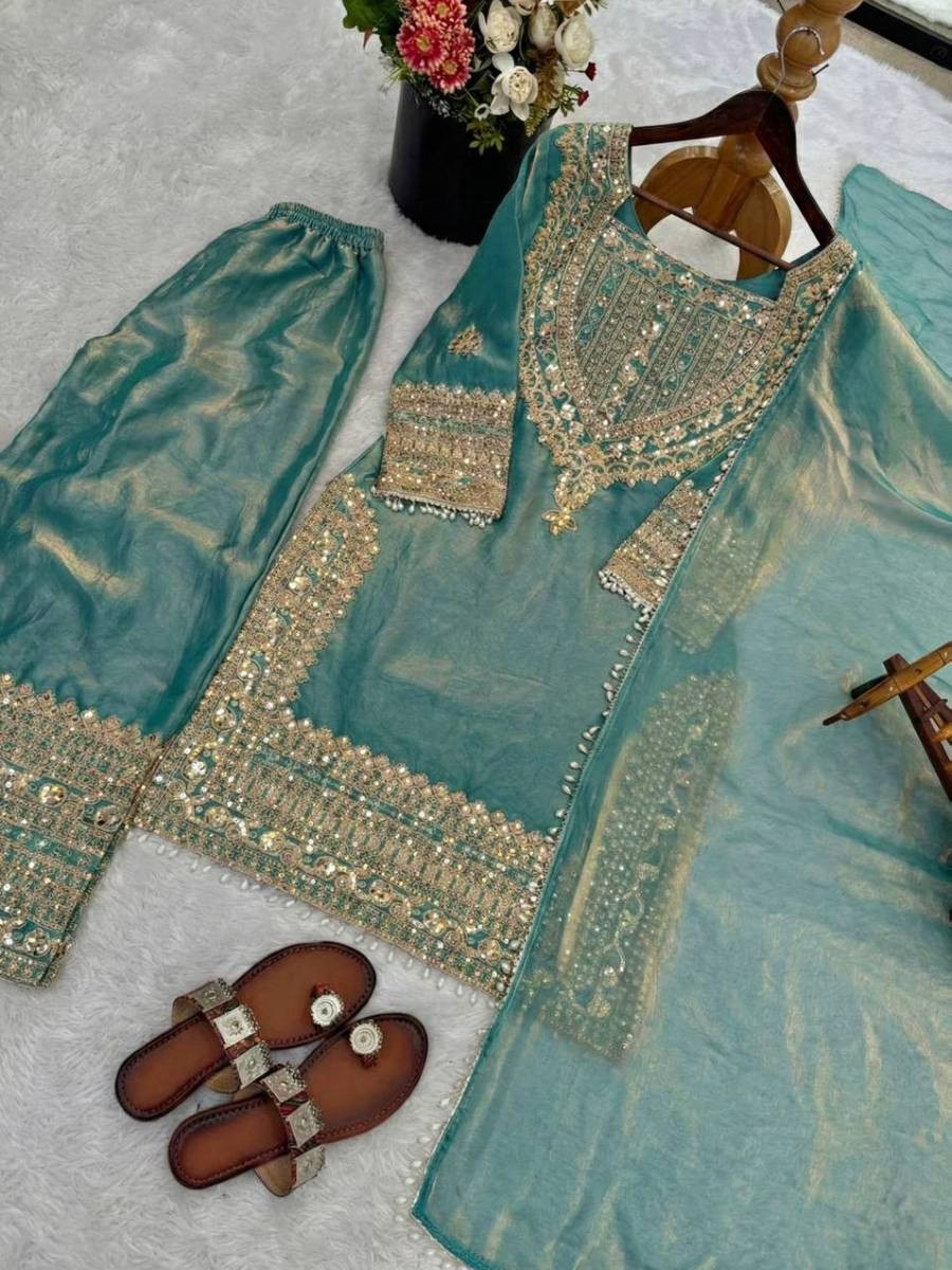 Sky Blue Fendy Silk Embroidery Sequins Zari Wedding Party Festival Casual Ready Palazzo Pant Salwar Kameez