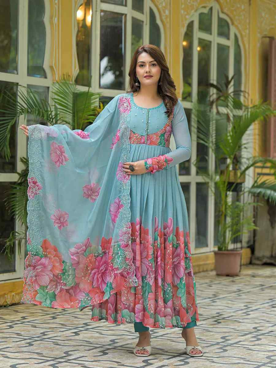 Sky Blue Fox Georgette Embroidery Party Wedding Festival Casual Ready Anarkali Salwar Kameez