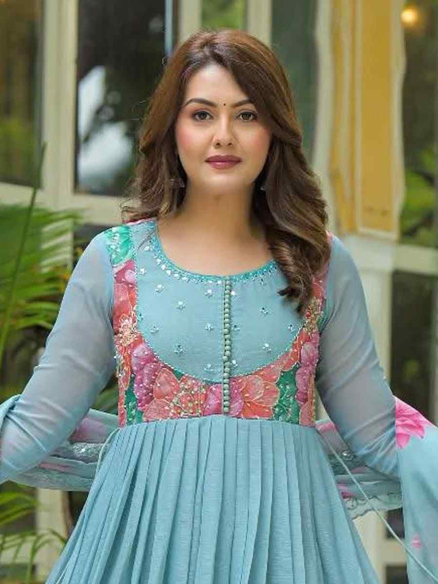 Sky Blue Fox Georgette Embroidery Party Wedding Festival Casual Ready Anarkali Salwar Kameez