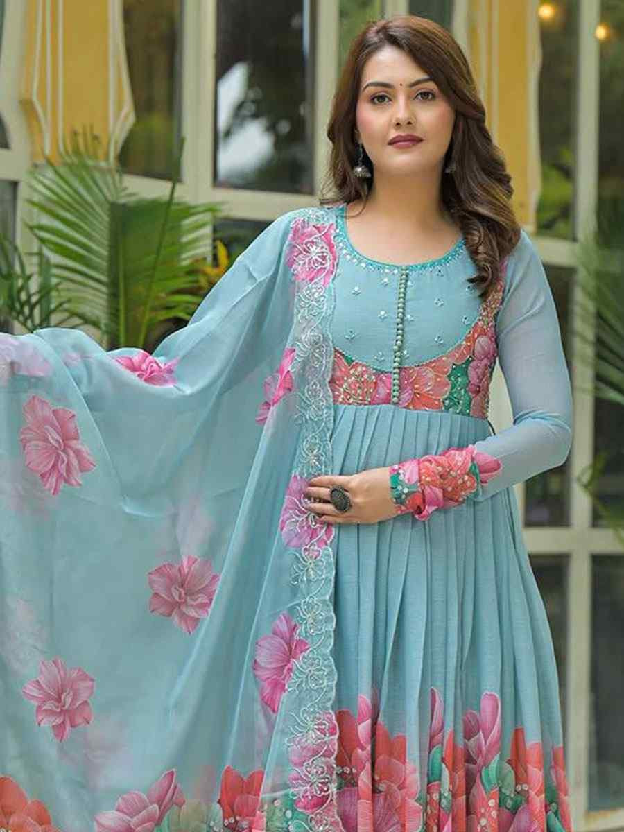Sky Blue Fox Georgette Embroidery Party Wedding Festival Casual Ready Anarkali Salwar Kameez