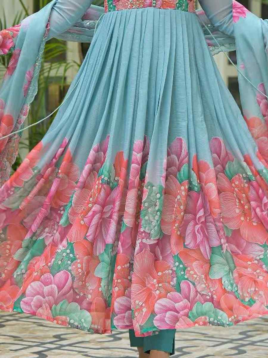 Sky Blue Fox Georgette Embroidery Party Wedding Festival Casual Ready Anarkali Salwar Kameez