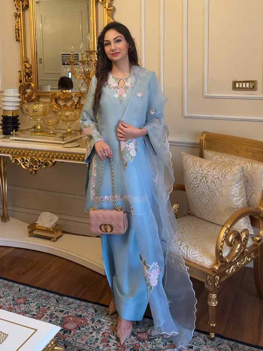 Sky Blue French Crepe Embroidery Party Wedding Festival Casual Ready Farsi Salwar Kameez