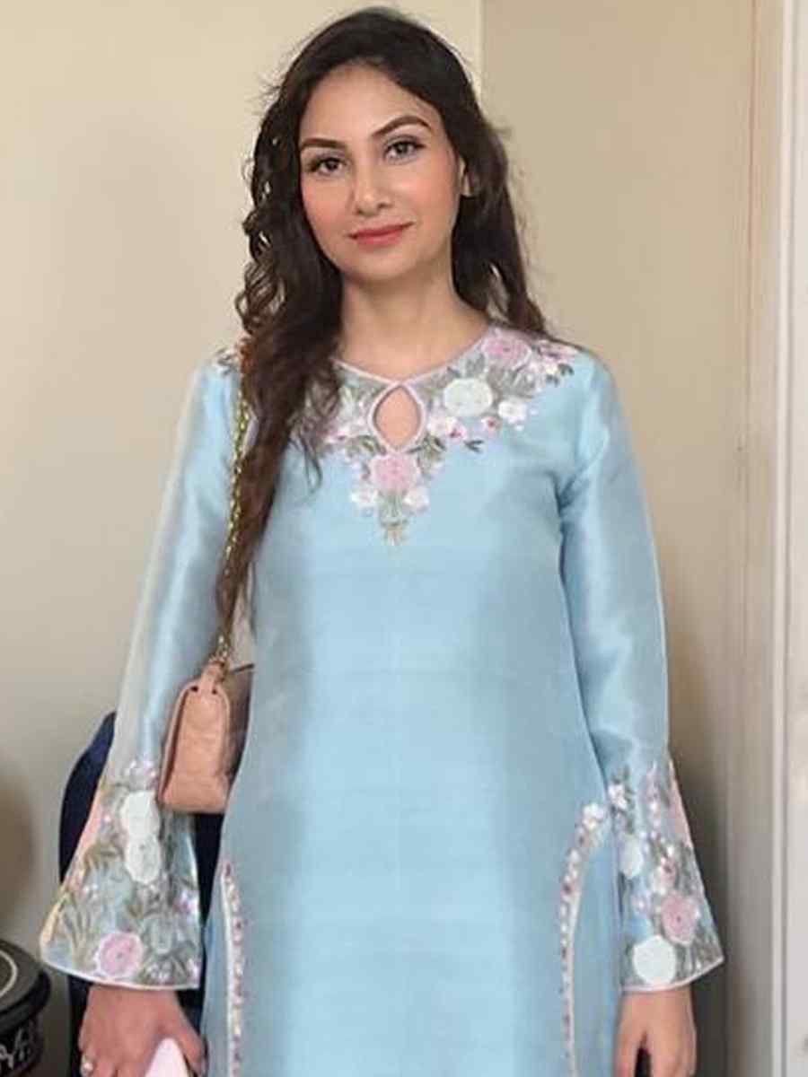 Sky Blue French Crepe Embroidery Party Wedding Festival Casual Ready Farsi Salwar Kameez