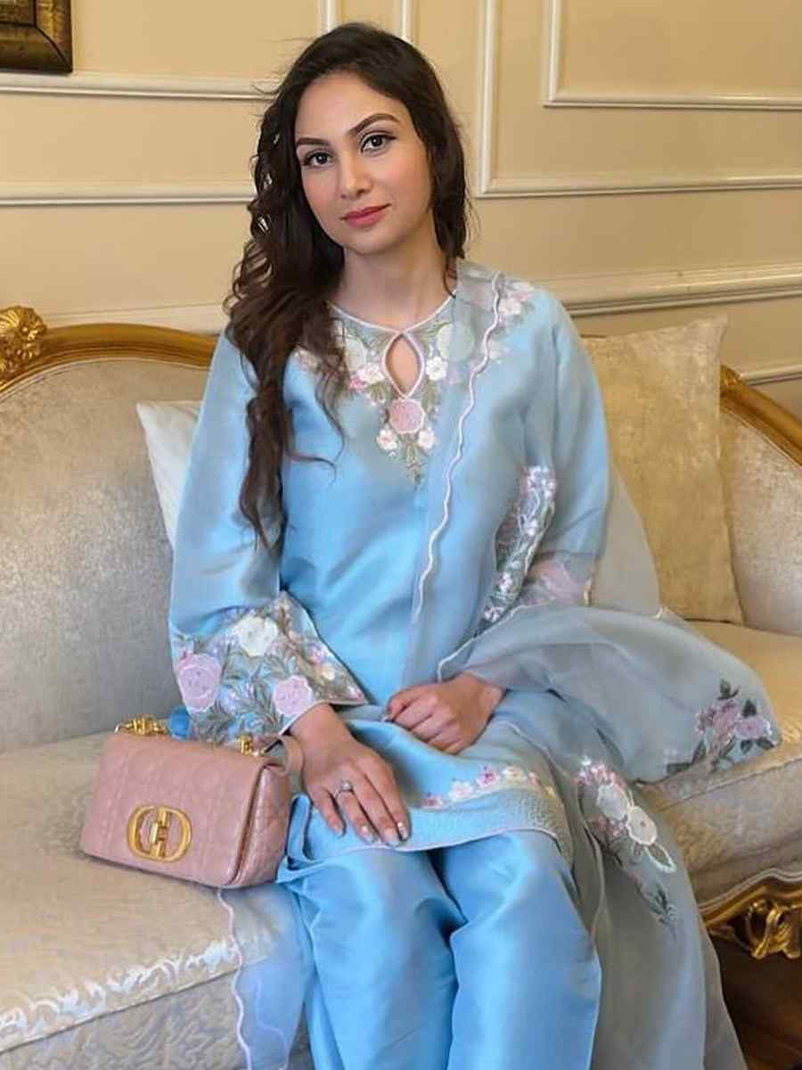 Sky Blue French Crepe Embroidery Party Wedding Festival Casual Ready Farsi Salwar Kameez