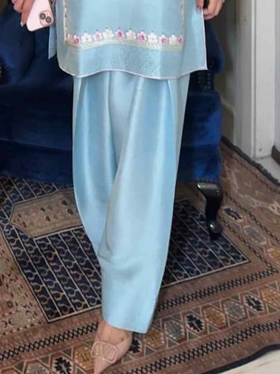 Sky Blue French Crepe Embroidery Party Wedding Festival Casual Ready Farsi Salwar Kameez
