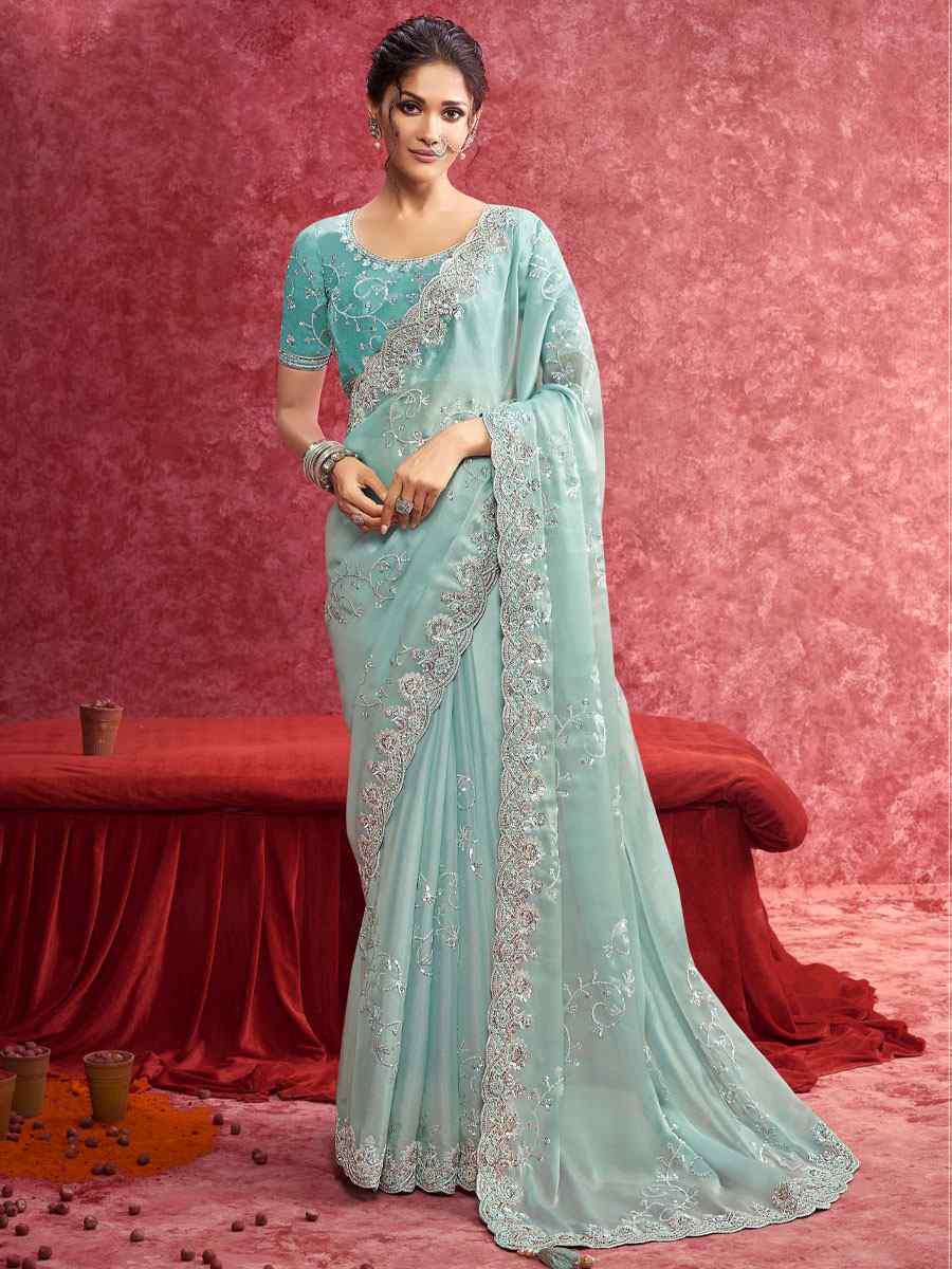 Sky Blue Galaxy  Embroidery Bridal Reception Festival Wedding Fancy Heavy Border Saree