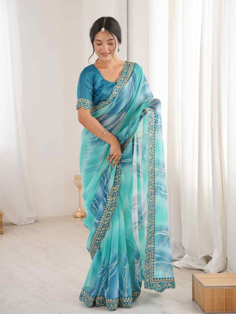 Image of Sky Blue Georgette Chiffon Printed Sequins Embroidery Reception Festival Wedding Party Fancy Heavy Border Sarees