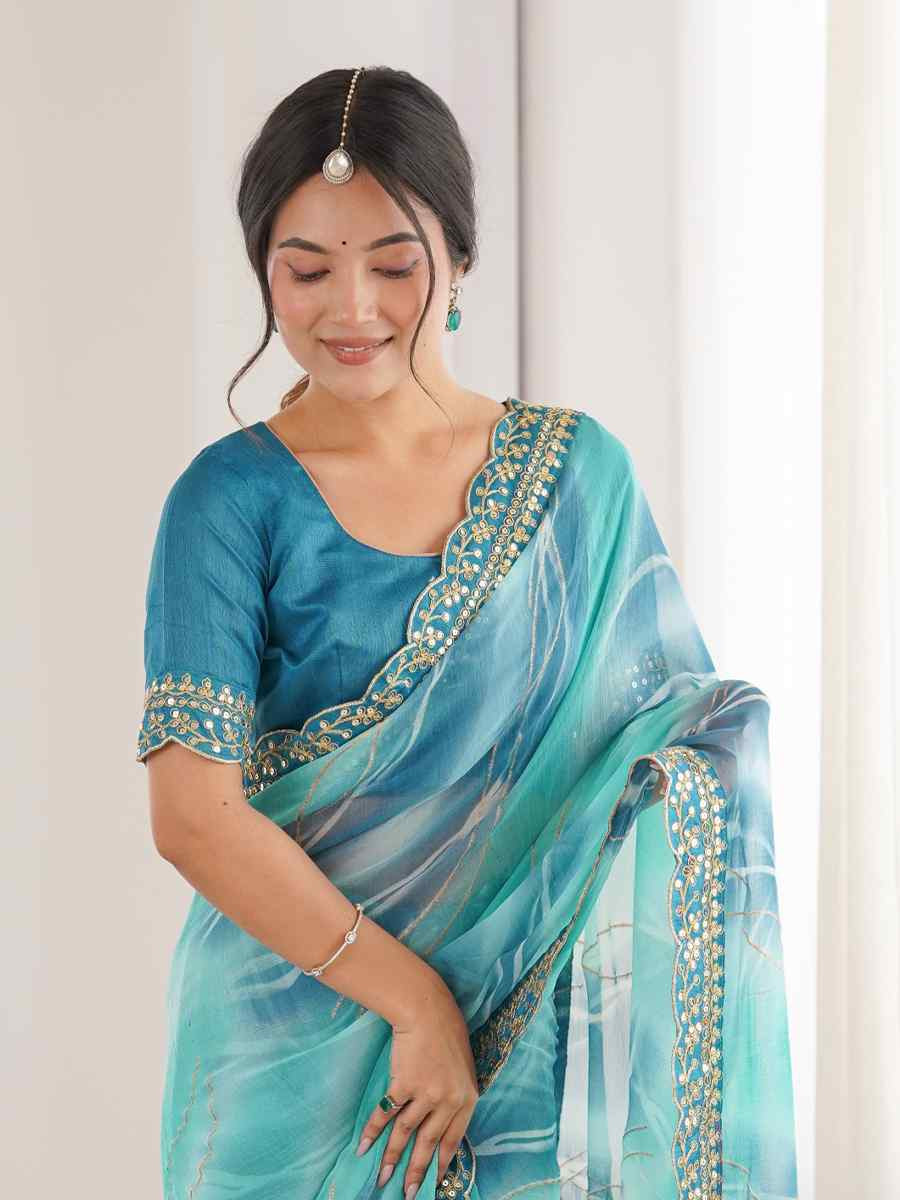 Sky Blue Georgette Chiffon Printed Sequins Embroidery Reception Festival Wedding Party Fancy Heavy Border Sarees