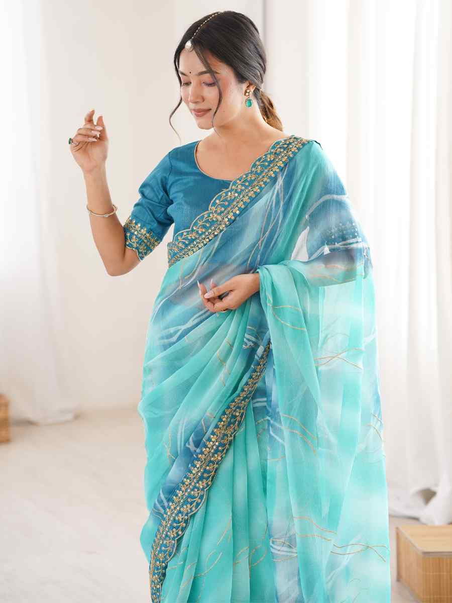 Sky Blue Georgette Chiffon Printed Sequins Embroidery Reception Festival Wedding Party Fancy Heavy Border Sarees