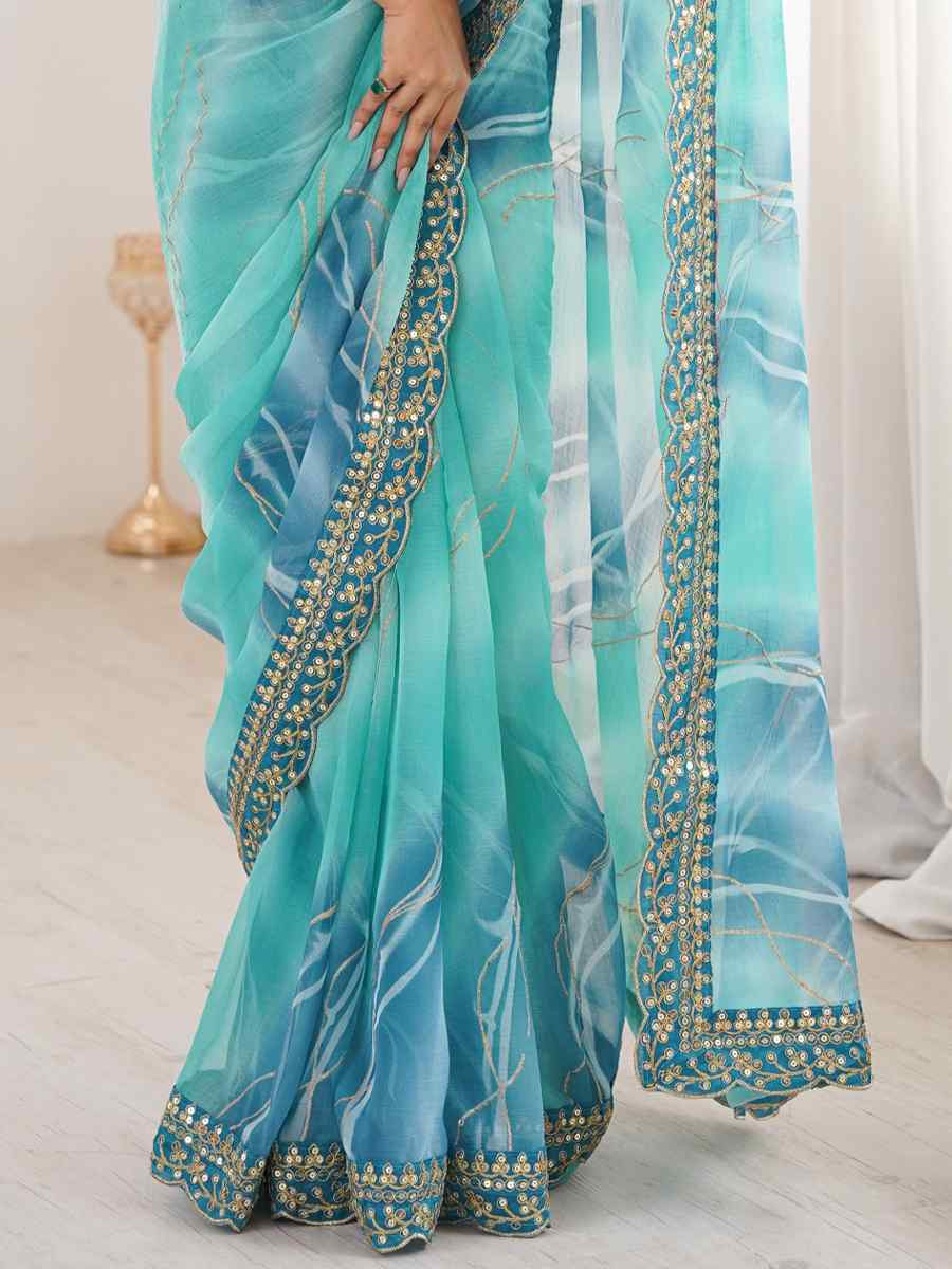 Sky Blue Georgette Chiffon Printed Sequins Embroidery Reception Festival Wedding Party Fancy Heavy Border Sarees