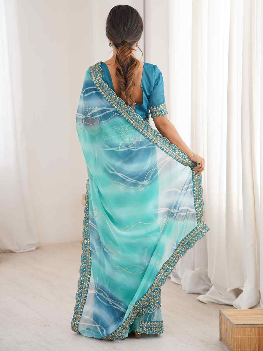 Sky Blue Georgette Chiffon Printed Sequins Embroidery Reception Festival Wedding Party Fancy Heavy Border Sarees