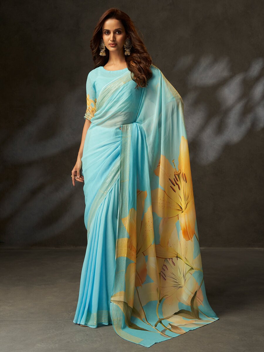 Sky Blue Georgette Digital Printed Wedding Reception Party Festival Casual Heavy Border Sarees