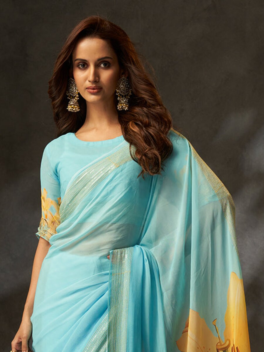 Sky Blue Georgette Digital Printed Wedding Reception Party Festival Casual Heavy Border Sarees