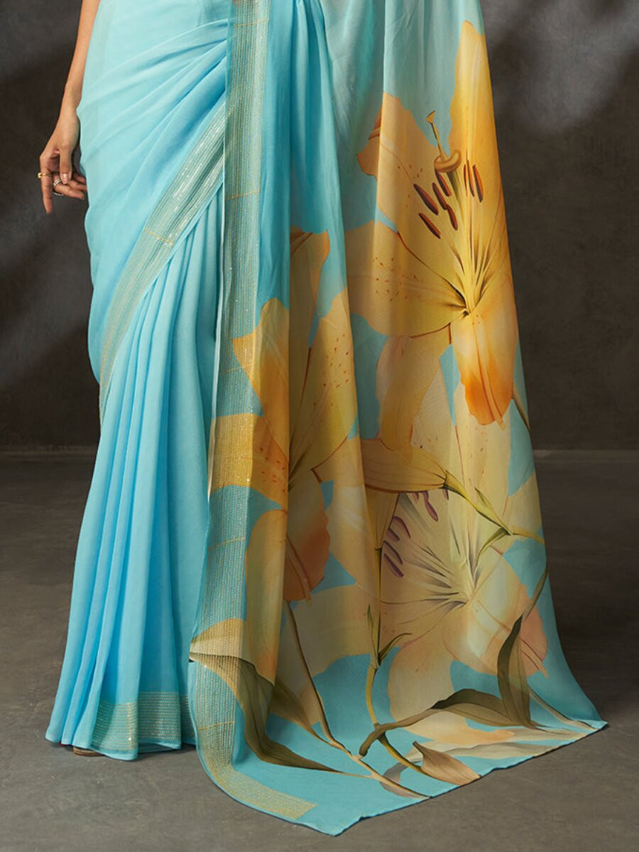 Sky Blue Georgette Digital Printed Wedding Reception Party Festival Casual Heavy Border Sarees