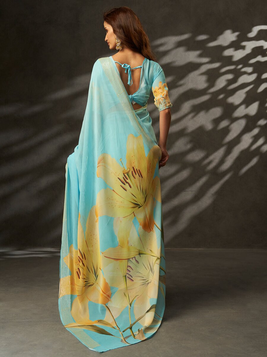 Sky Blue Georgette Digital Printed Wedding Reception Party Festival Casual Heavy Border Sarees