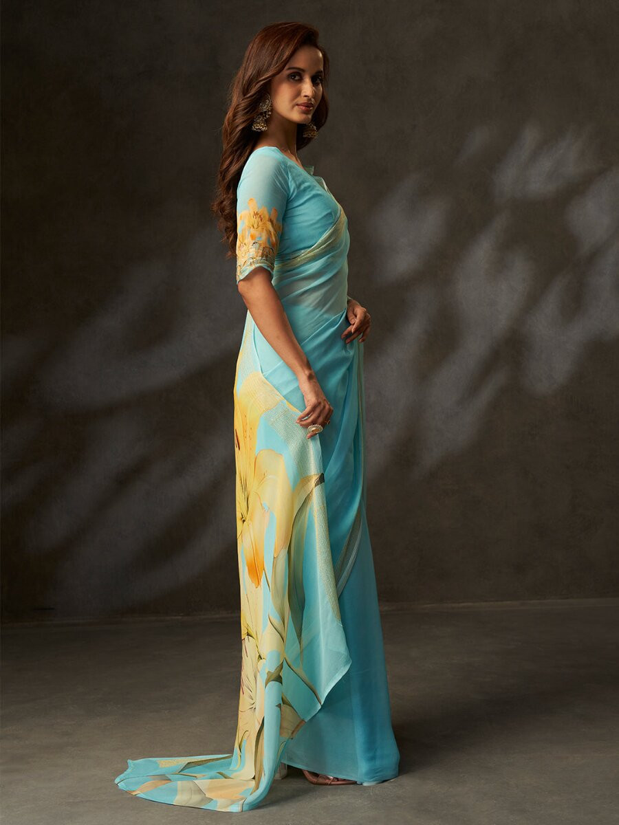Sky Blue Georgette Digital Printed Wedding Reception Party Festival Casual Heavy Border Sarees
