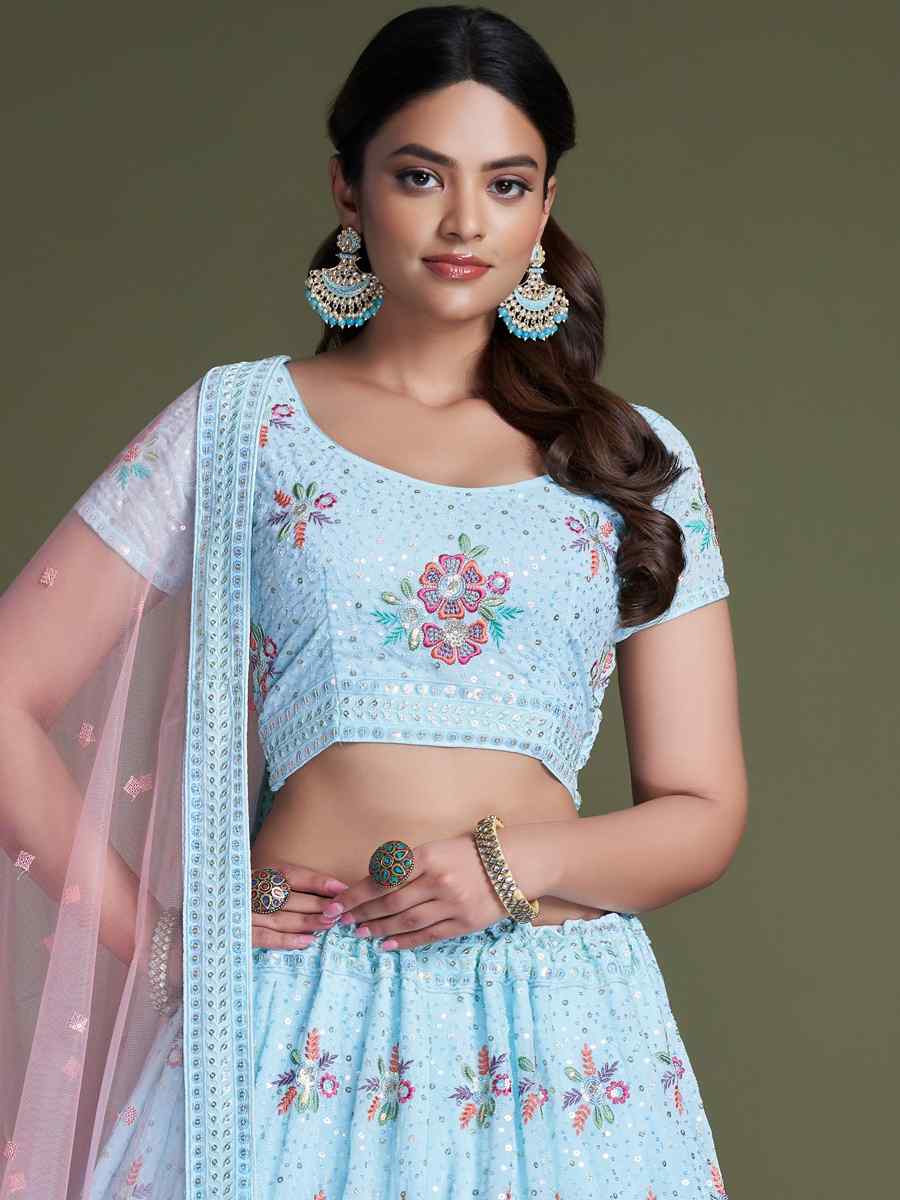 Sky Blue Georgette Embroidered Bridesmaid Reception Heavy Border Lehenga Choli