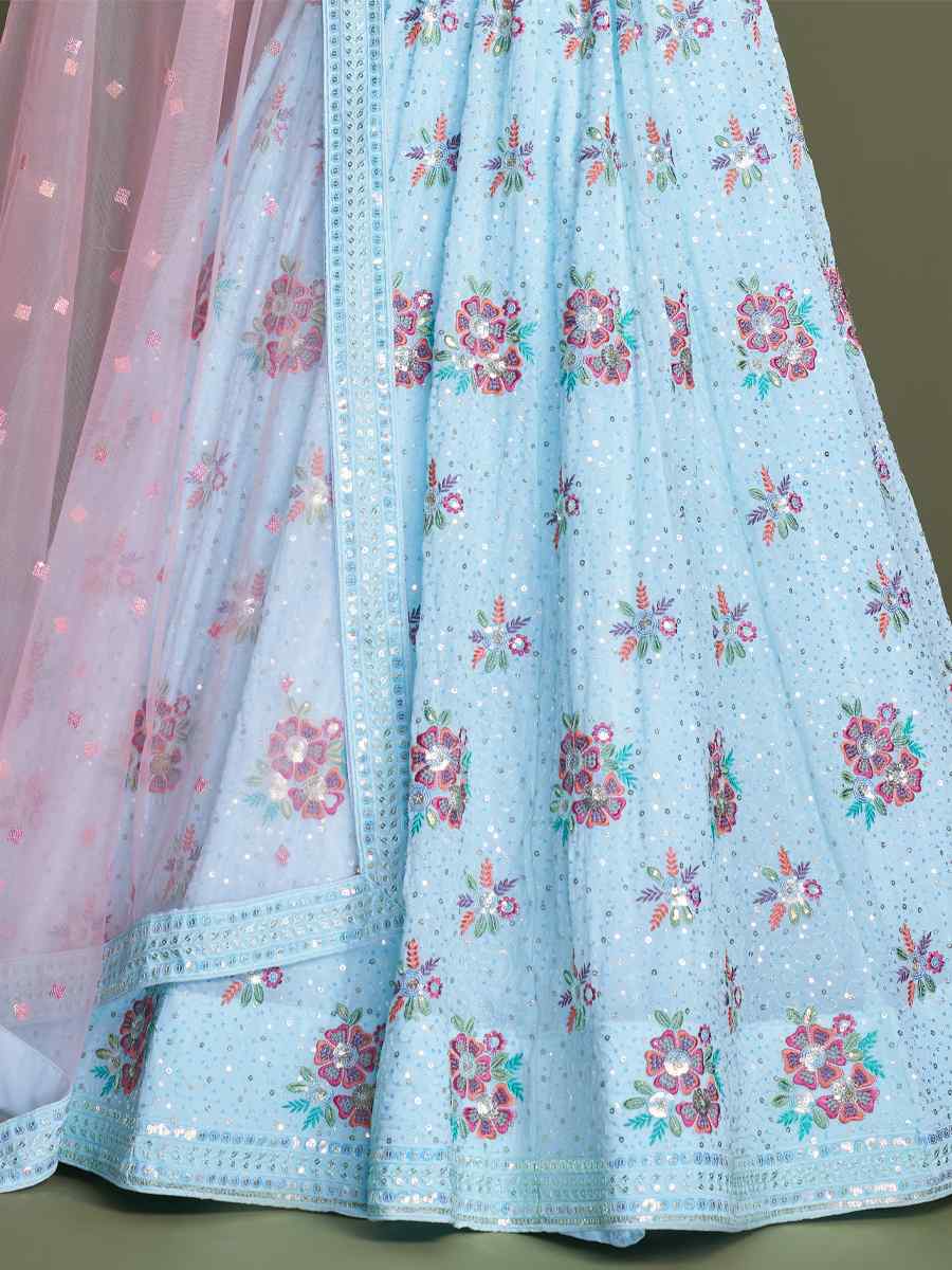 Sky Blue Georgette Embroidered Bridesmaid Reception Heavy Border Lehenga Choli