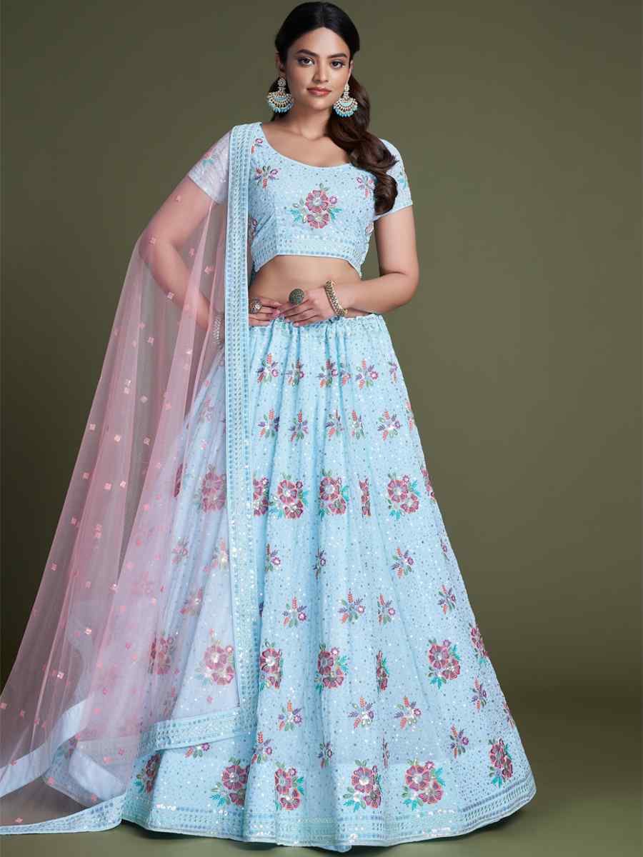 Sky Blue Georgette Embroidered Bridesmaid Reception Heavy Border Lehenga Choli