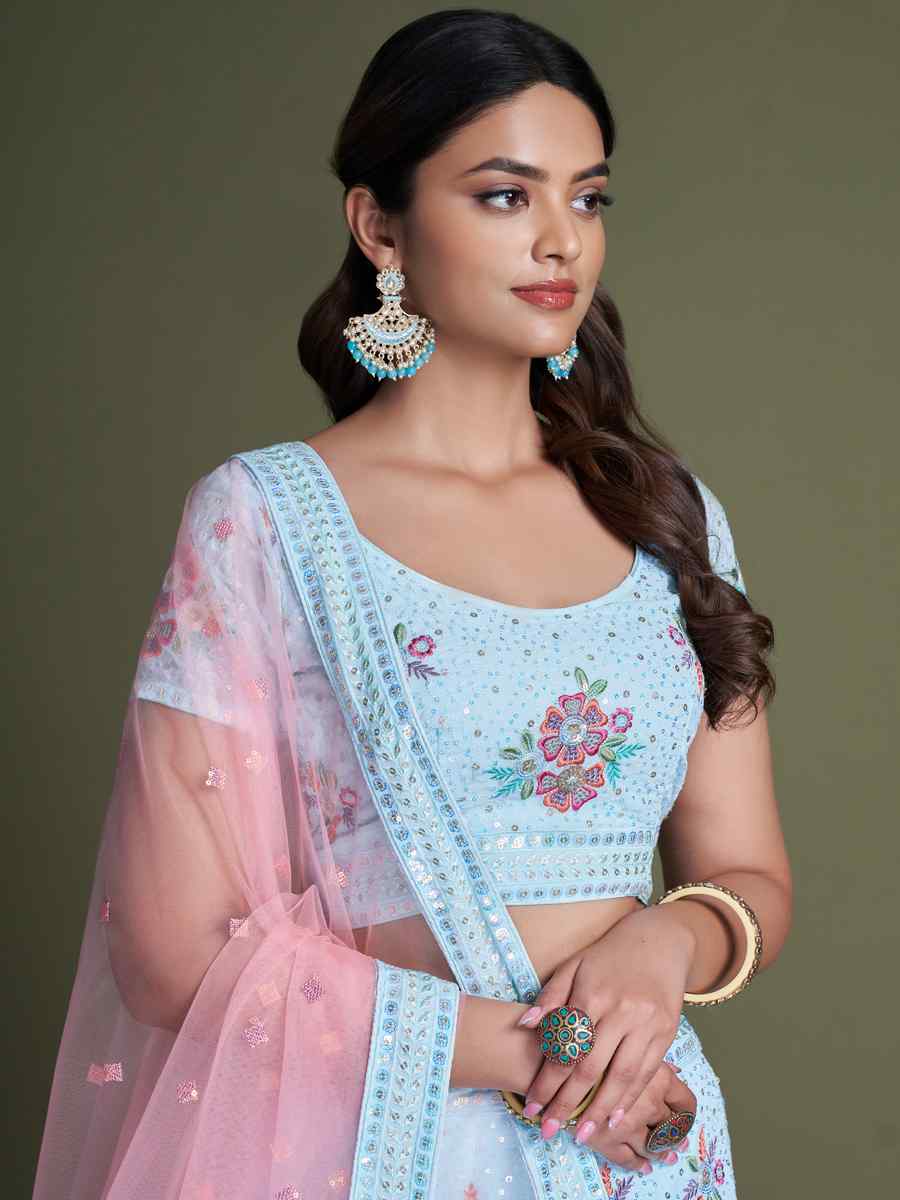 Sky Blue Georgette Embroidered Bridesmaid Reception Heavy Border Lehenga Choli