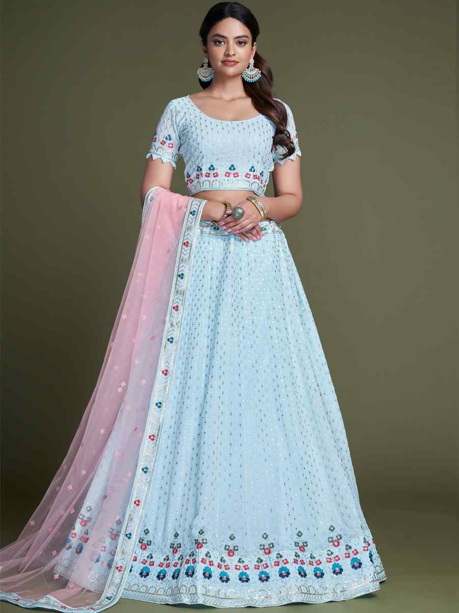Sky Blue Georgette Embroidered Bridesmaid Reception Heavy Border Lehenga Choli