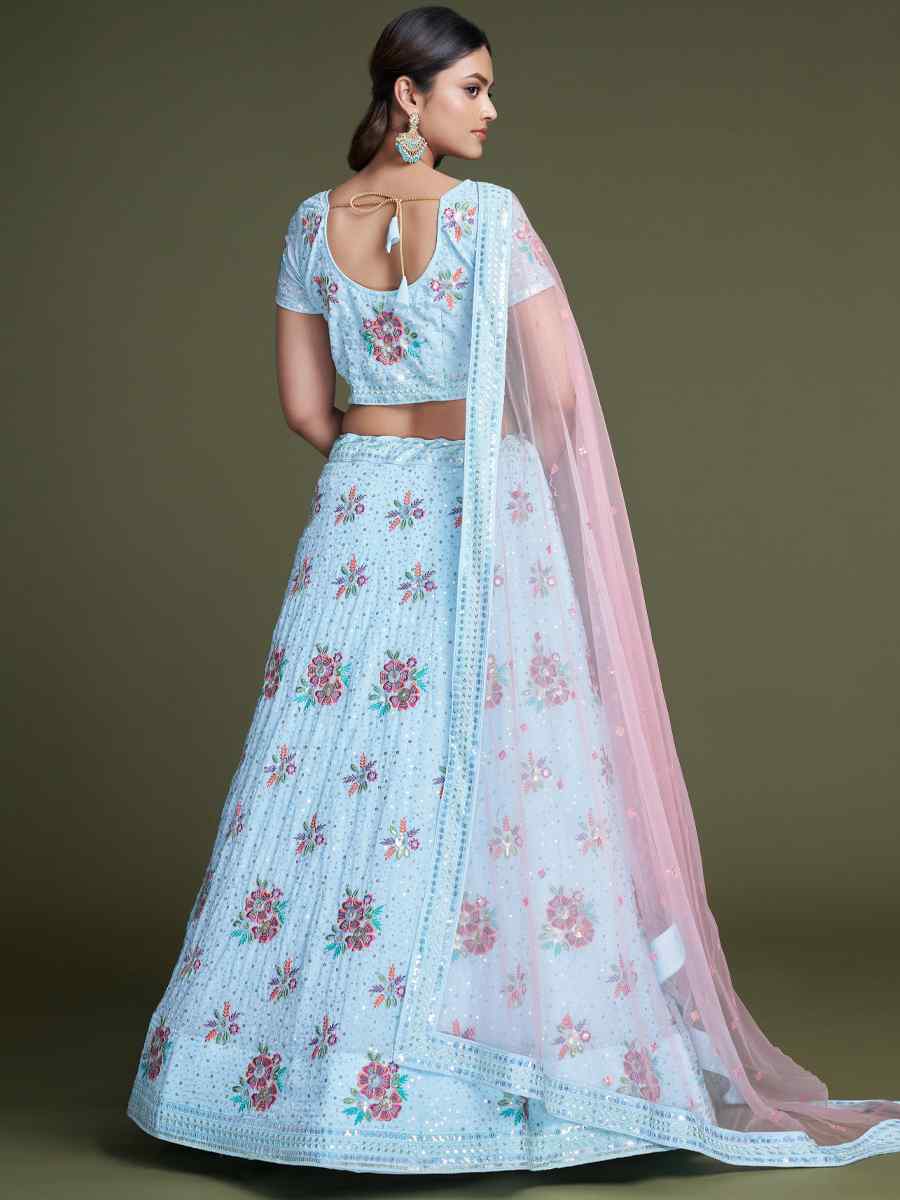 Sky Blue Georgette Embroidered Bridesmaid Reception Heavy Border Lehenga Choli