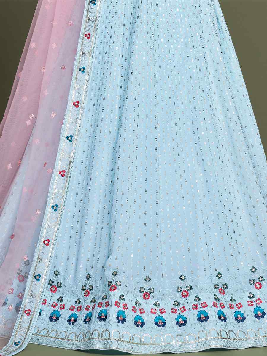 Sky Blue Georgette Embroidered Bridesmaid Reception Heavy Border Lehenga Choli