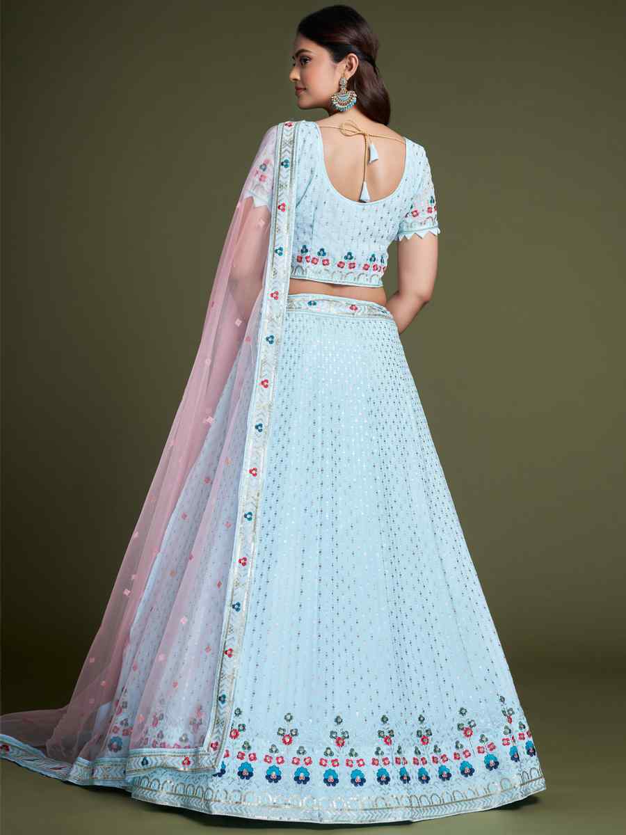 Sky Blue Georgette Embroidered Bridesmaid Reception Heavy Border Lehenga Choli