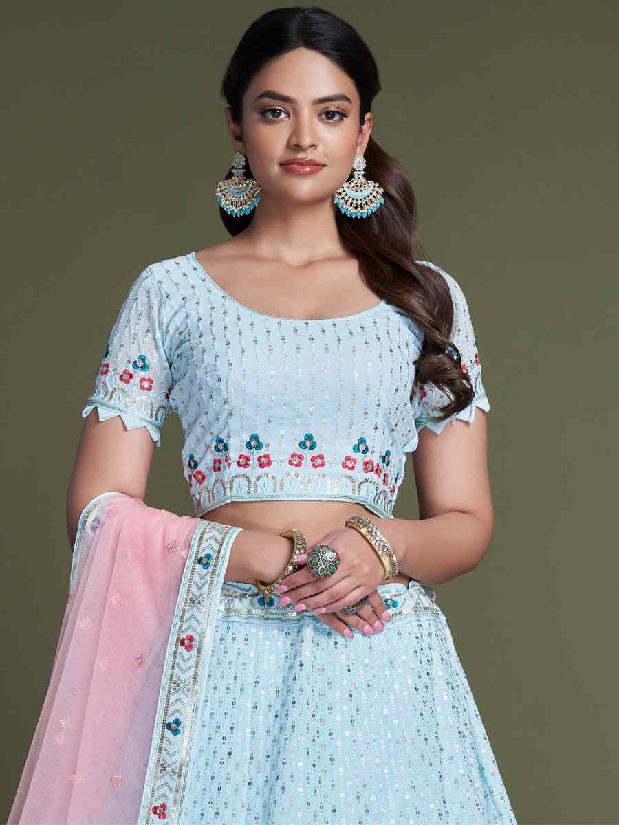 Sky Blue Georgette Embroidered Bridesmaid Reception Heavy Border Lehenga Choli