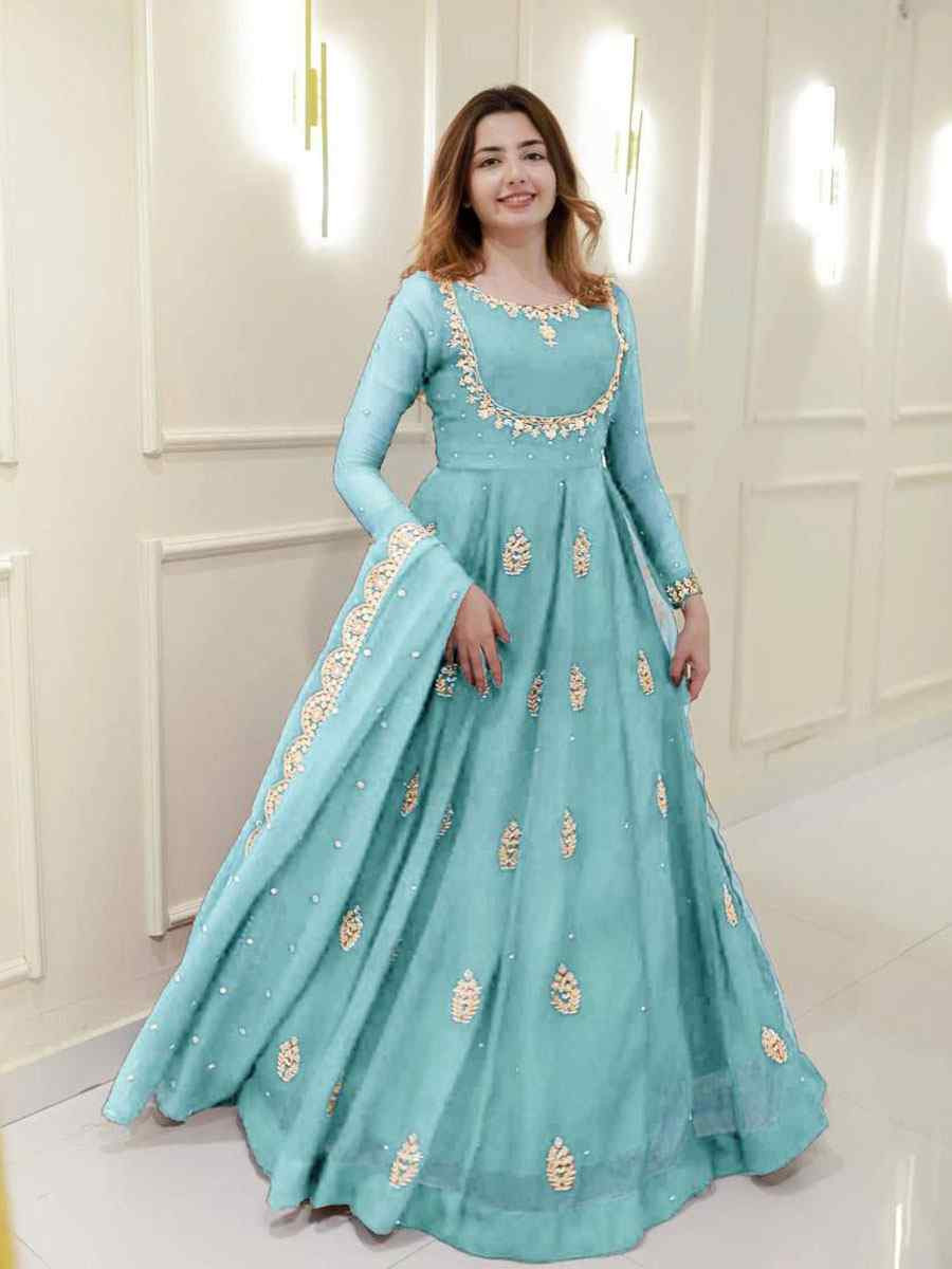 Sky Blue georgette Embroidered Festival Casual Wedding Gown