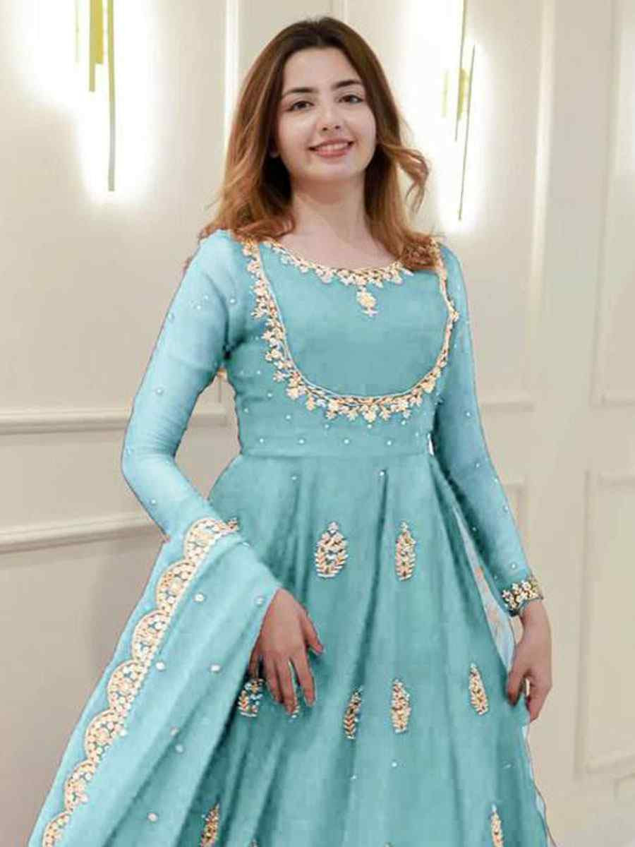 Sky Blue georgette Embroidered Festival Casual Wedding Gown