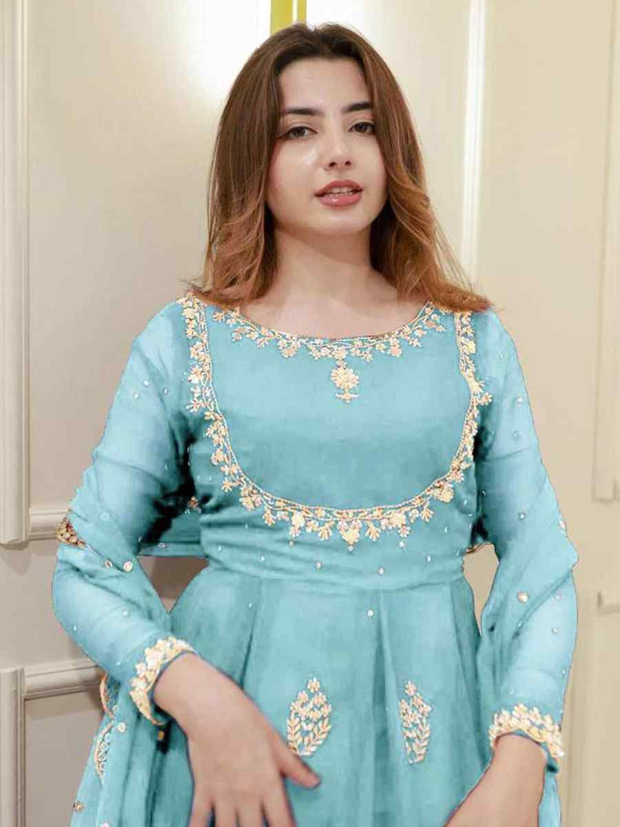 Sky Blue georgette Embroidered Festival Casual Wedding Gown