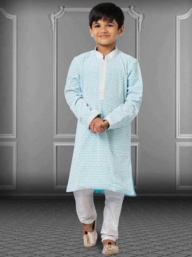 Sky Blue Georgette Embroidered Festival Kurta Pyjama Boys Wear