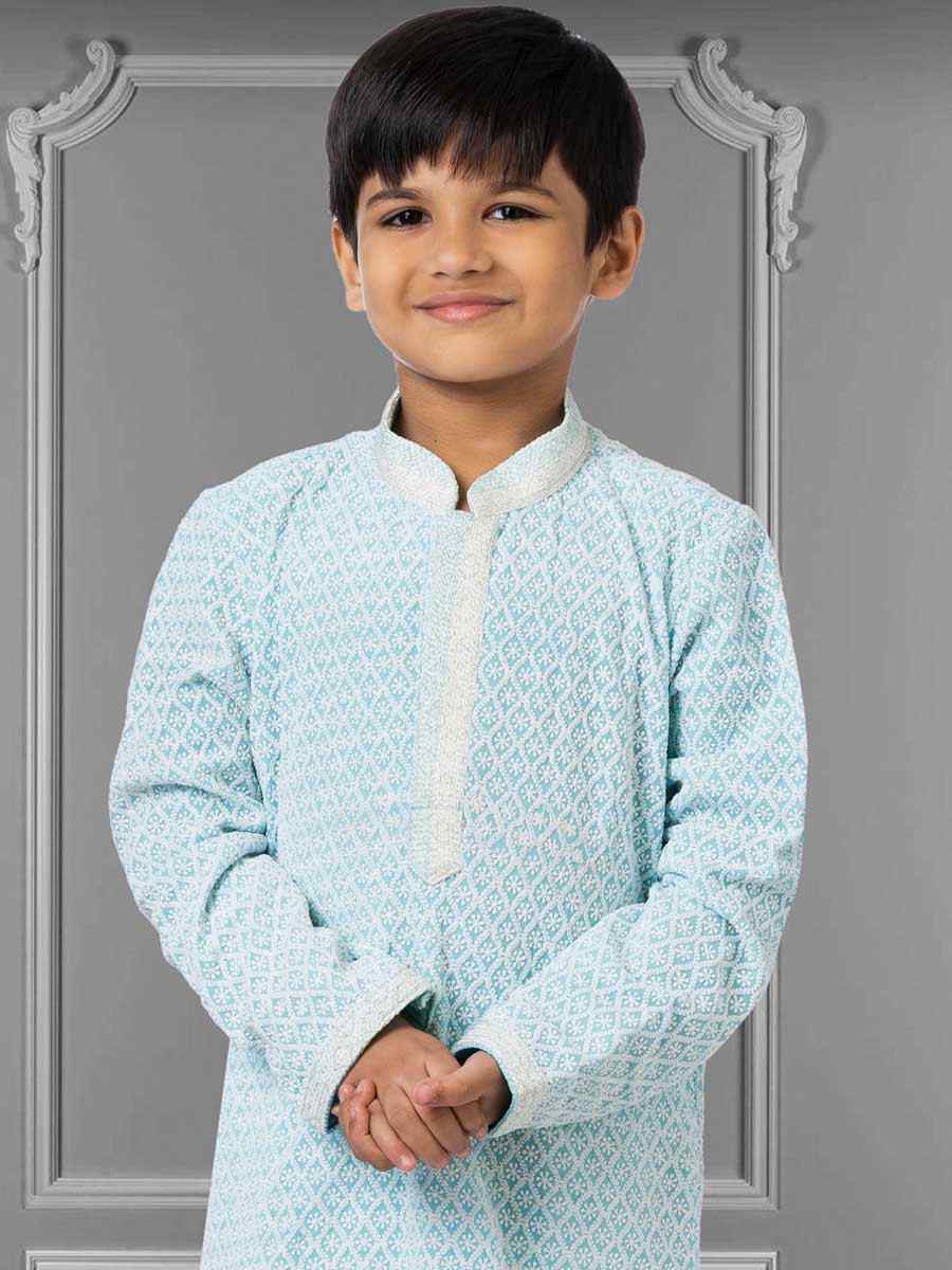 Sky Blue Georgette Embroidered Festival Kurta Pyjama Boys Wear