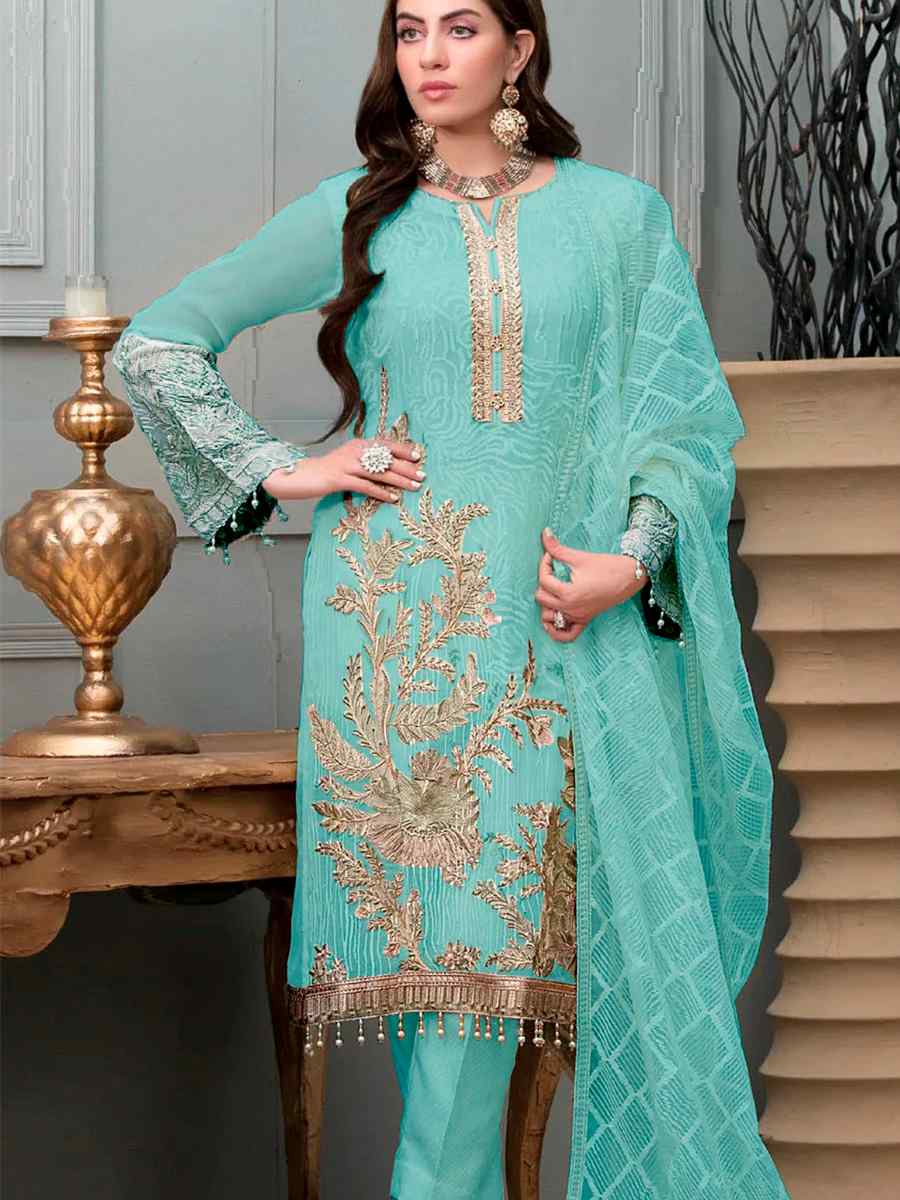 Sky Blue Georgette Embroidered Festival Party Pant Salwar Kameez