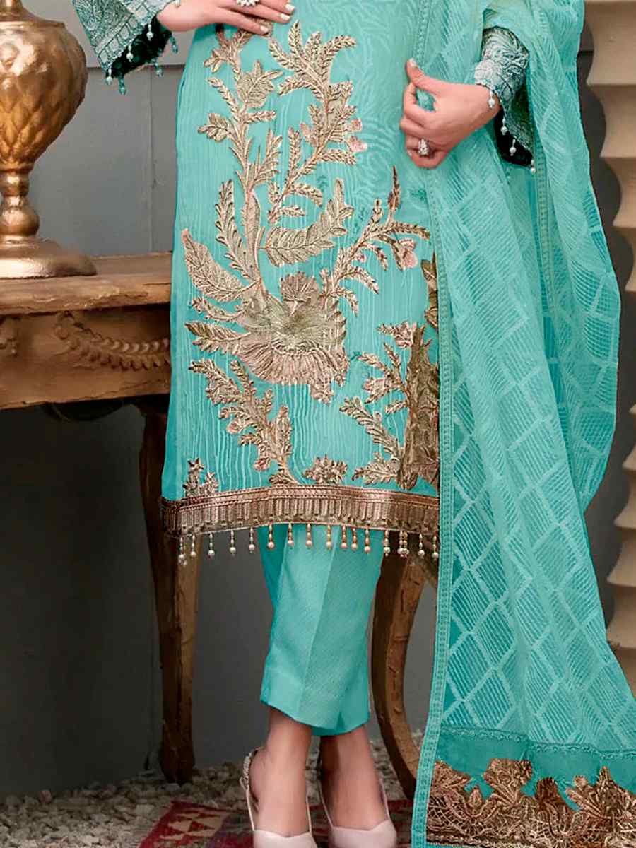 Sky Blue Georgette Embroidered Festival Party Pant Salwar Kameez