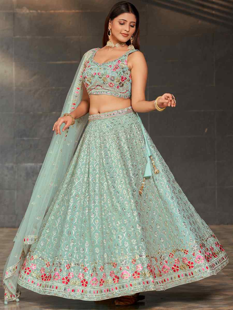 Sky Blue Georgette Embroidered Festival Wedding Circular Lehenga Choli