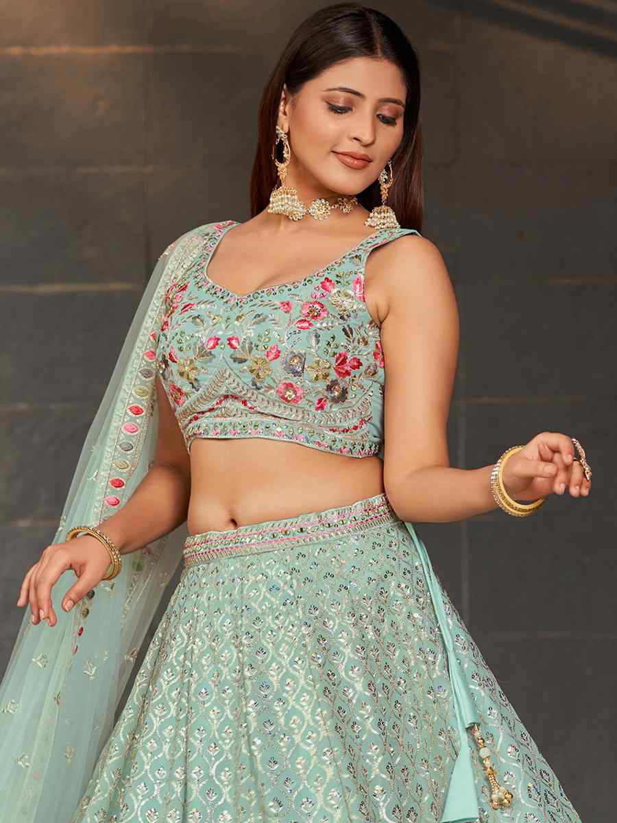 Sky Blue Georgette Embroidered Festival Wedding Circular Lehenga Choli