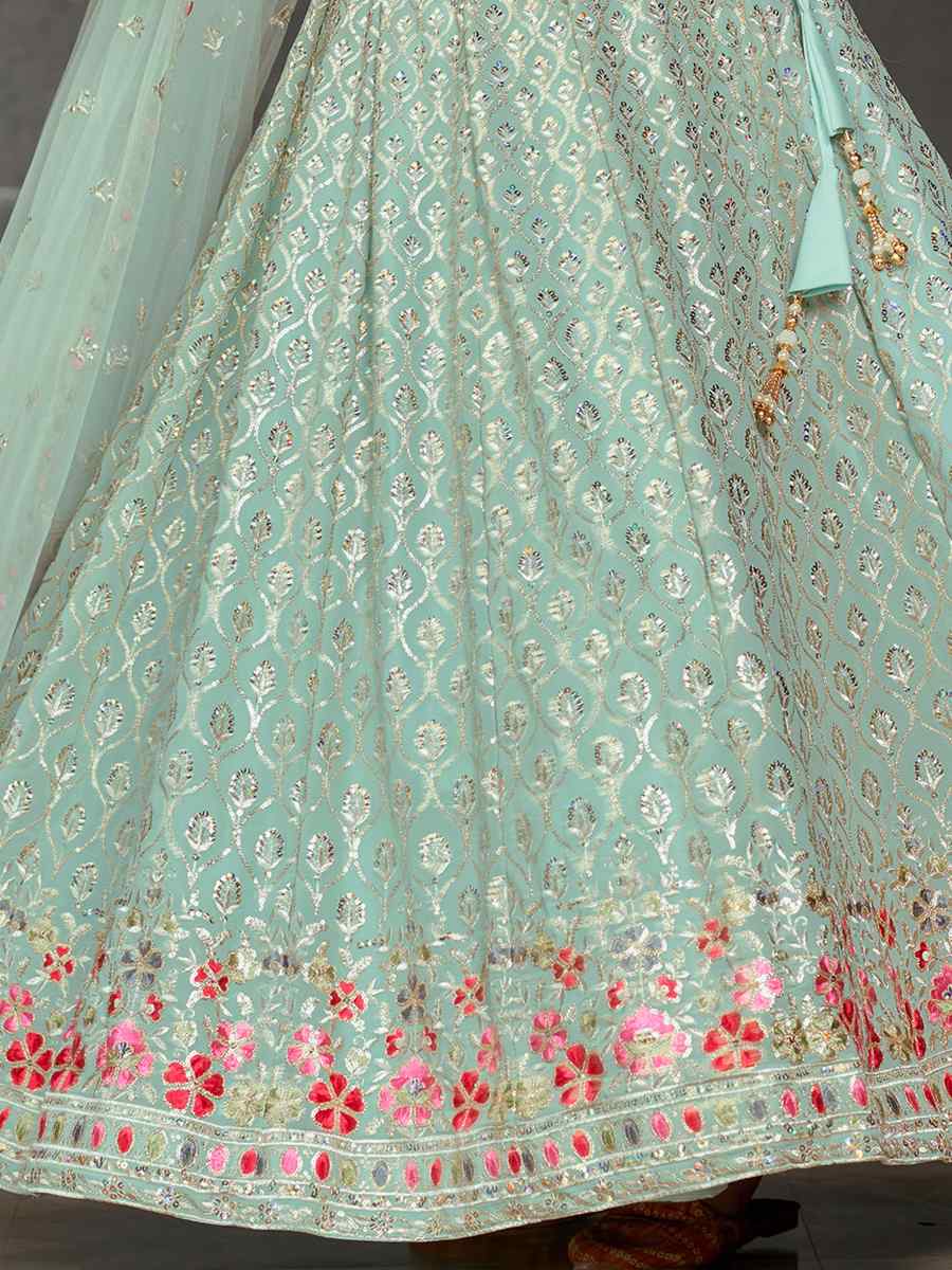 Sky Blue Georgette Embroidered Festival Wedding Circular Lehenga Choli