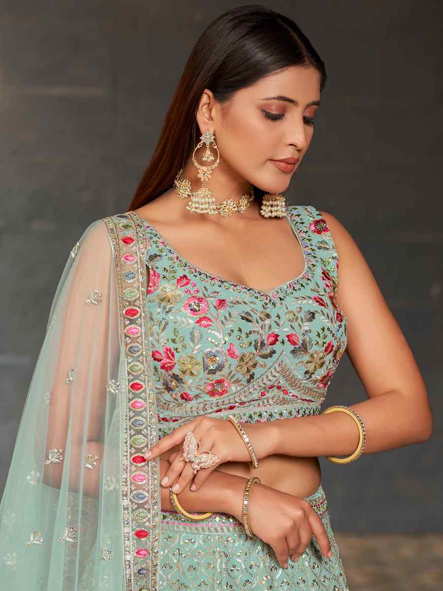 Sky Blue Georgette Embroidered Festival Wedding Circular Lehenga Choli