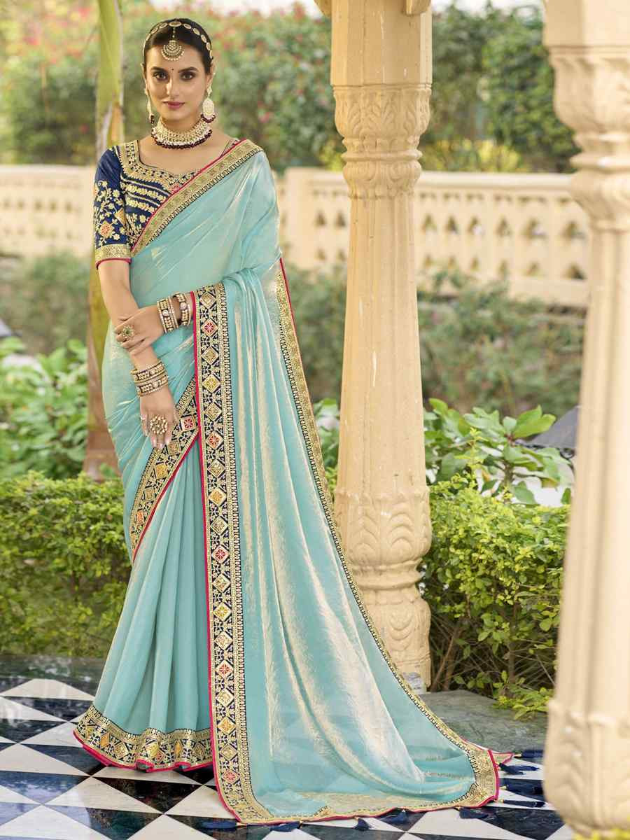 Sky Blue Georgette Embroidered Festival Wedding Fancy Heavy Border Saree