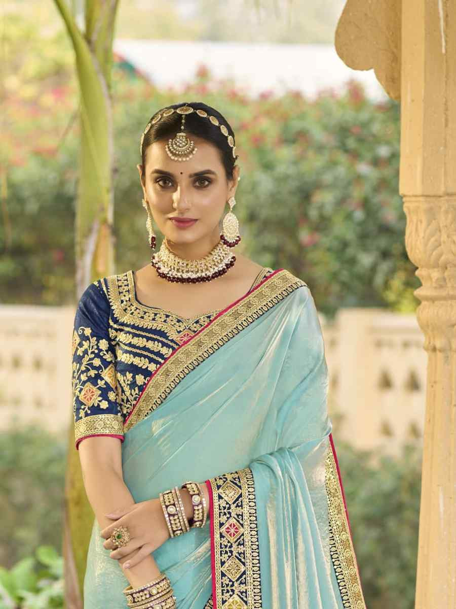 Sky Blue Georgette Embroidered Festival Wedding Fancy Heavy Border Saree