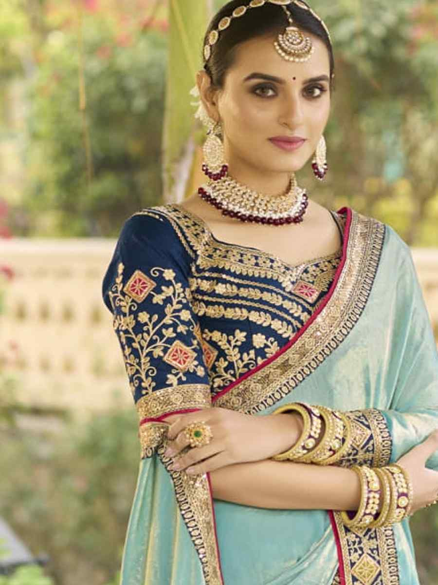 Sky Blue Georgette Embroidered Festival Wedding Fancy Heavy Border Saree