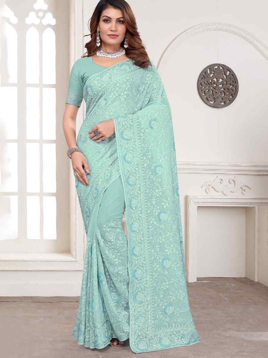 Sky Blue Georgette Embroidered Festival Wedding Fancy Heavy Border Saree