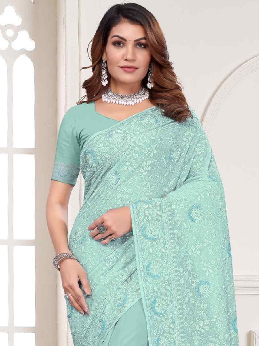 Sky Blue Georgette Embroidered Festival Wedding Fancy Heavy Border Saree