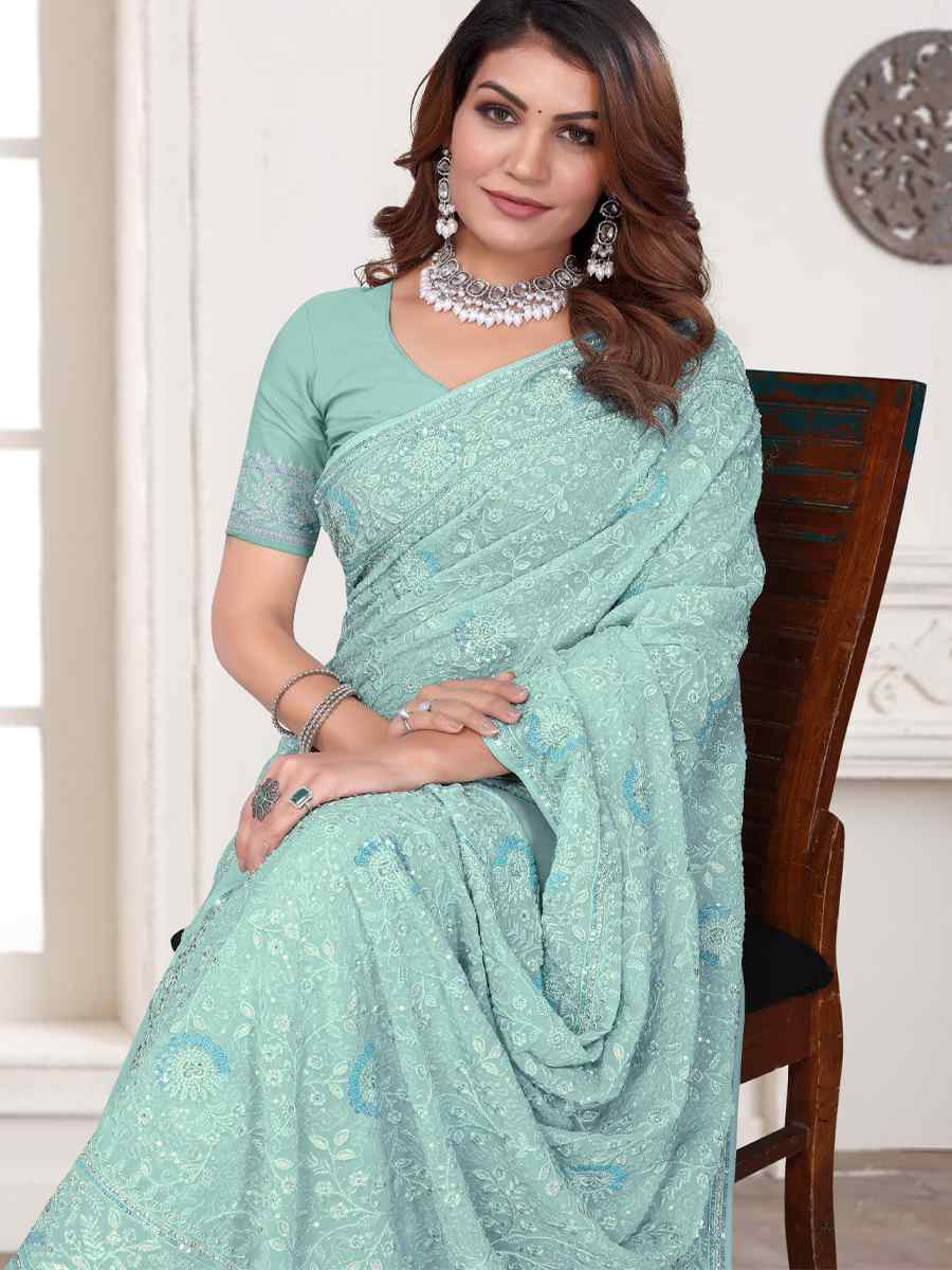 Sky Blue Georgette Embroidered Festival Wedding Fancy Heavy Border Saree