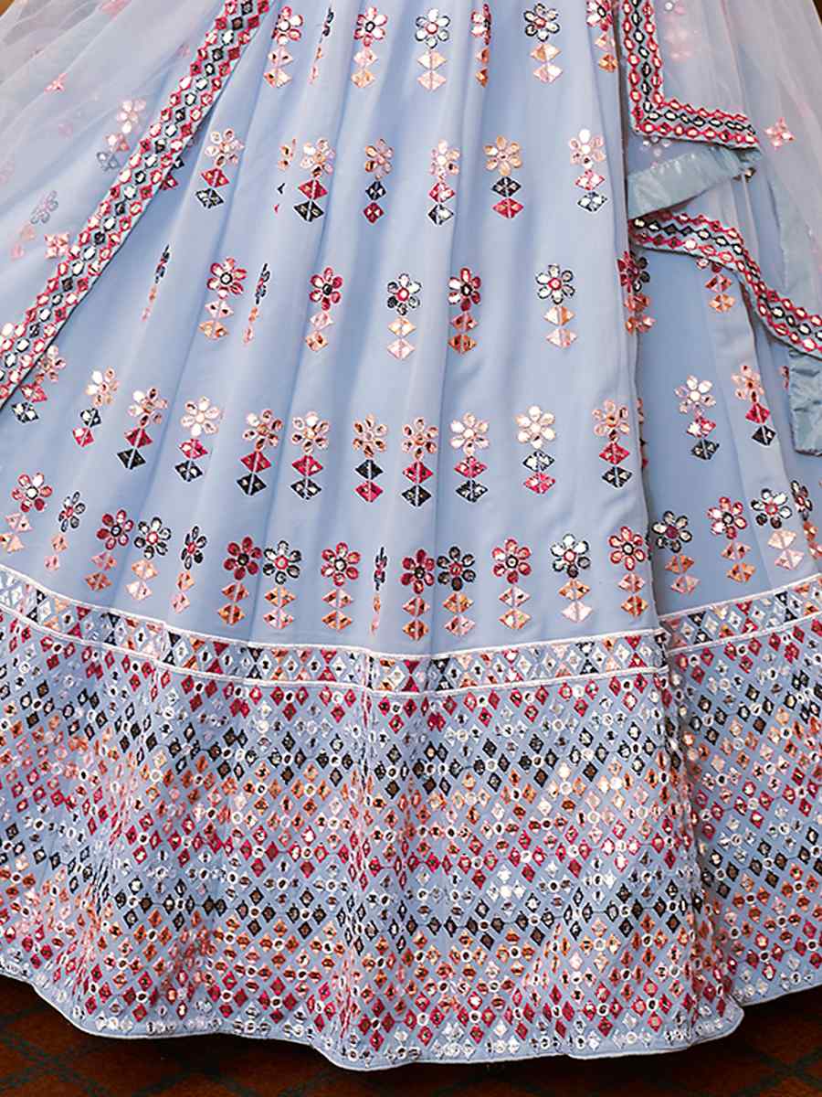 Sky Blue Georgette Embroidered Festival Wedding Heavy Border Lehenga Choli