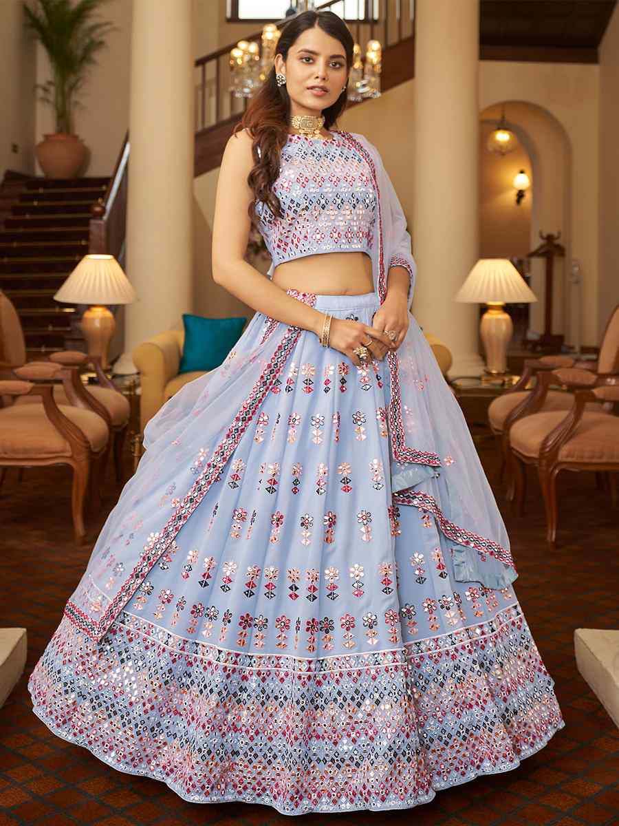 Sky Blue Georgette Embroidered Festival Wedding Heavy Border Lehenga Choli